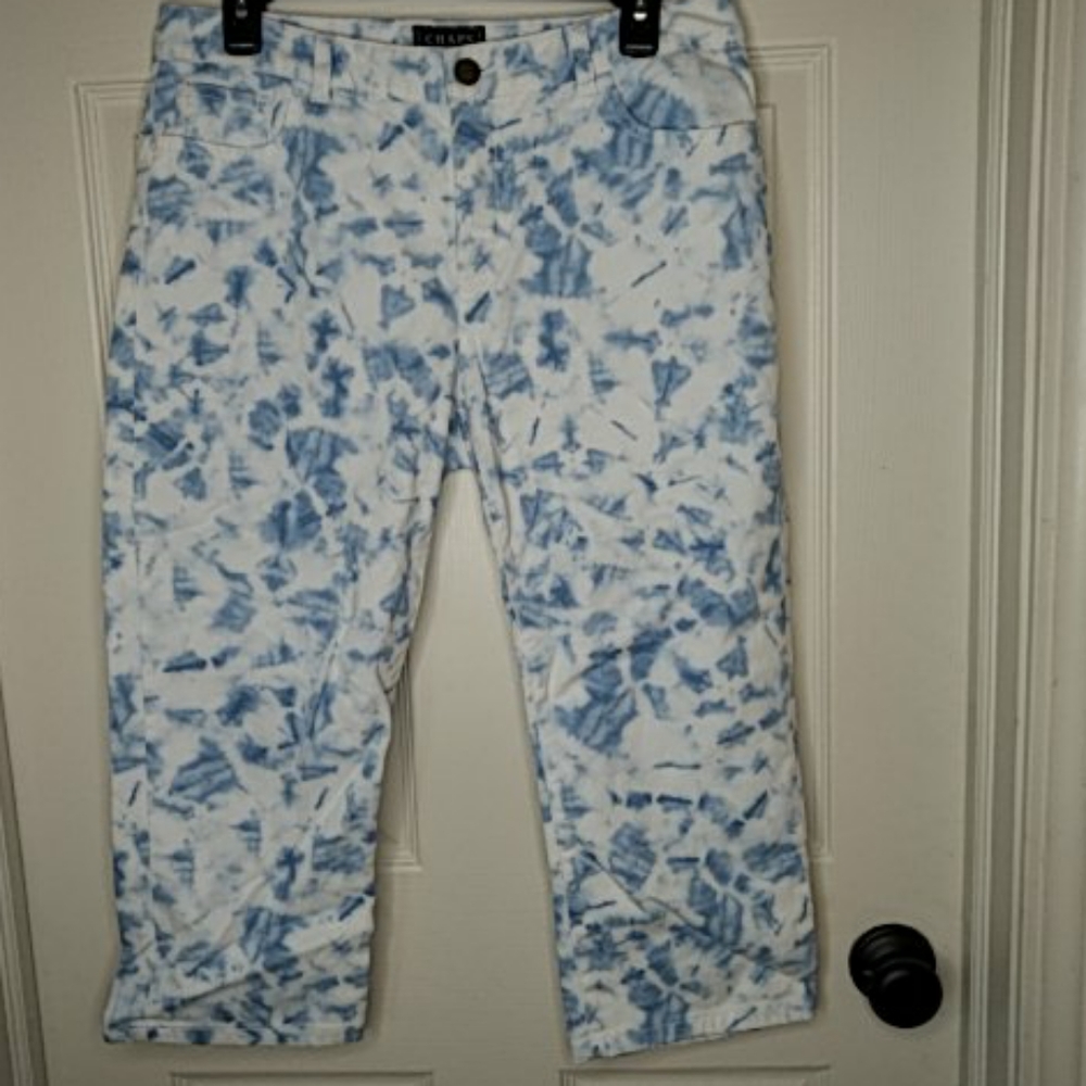 CHAPS Tie Dye Denim Cropped Jeans White Blue 10